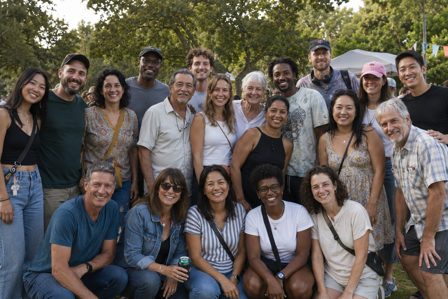 A group of people smiling together at an outdoor community gathering.