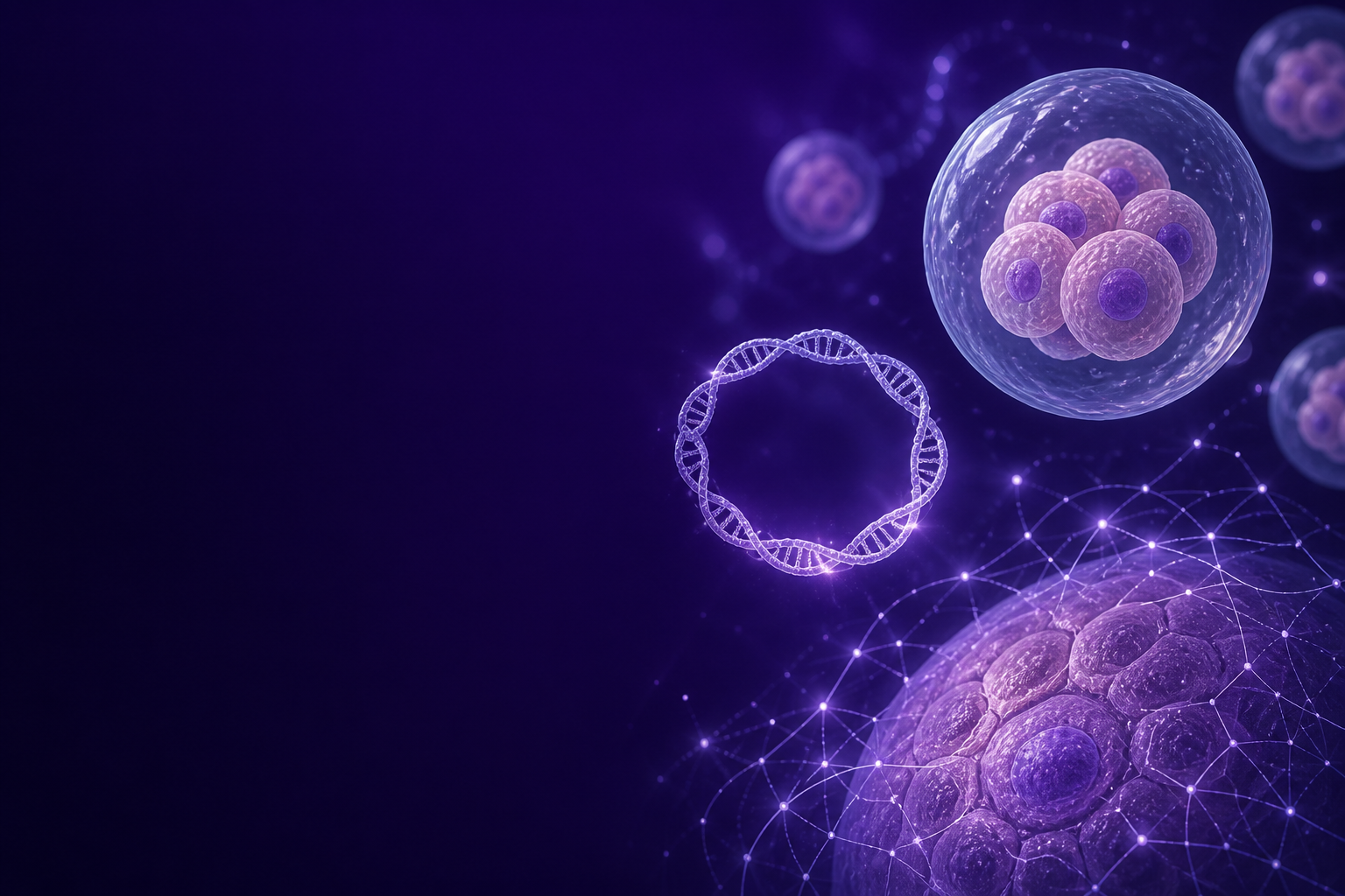 Abstract illustration of cellular clusters, DNA, and gene-network lines in violet tones.